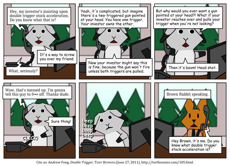 The way you pull the trigger is to call up the other party and yell 'BOOM HEADSHOT'. Tort Bunnies comic strip