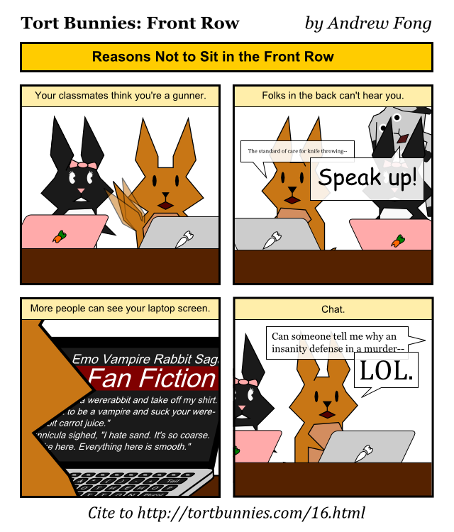 I once referred to my friend Ken Ho as "my Ho in the front row." This was misinterpreted. Tort Bunnies comic strip