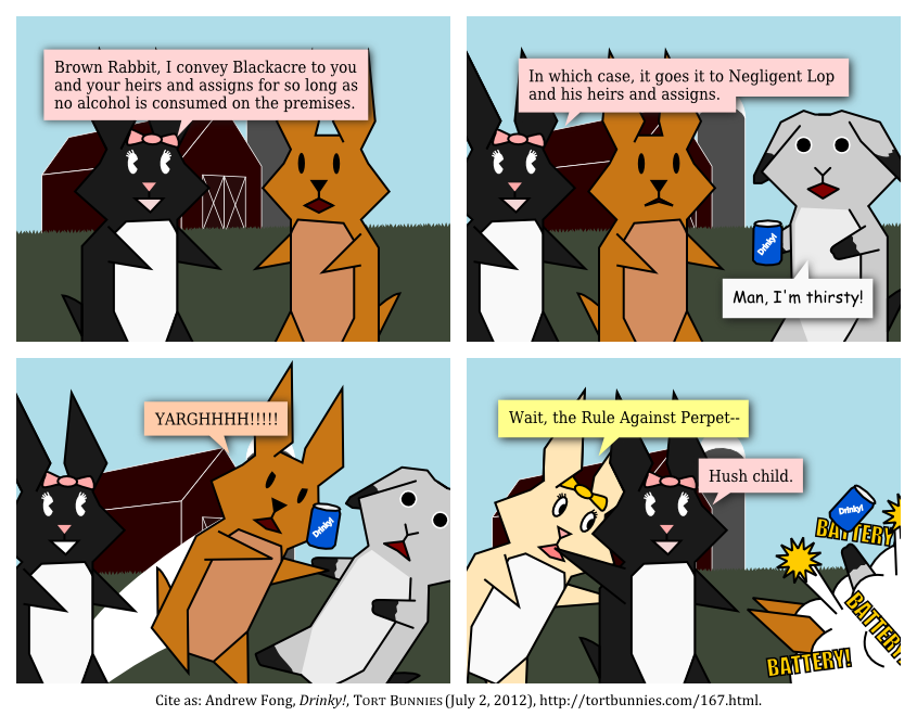 The joke is that Tort Bunny's oral promise is invalid without the delivery of a written deed. Tort Bunnies comic strip