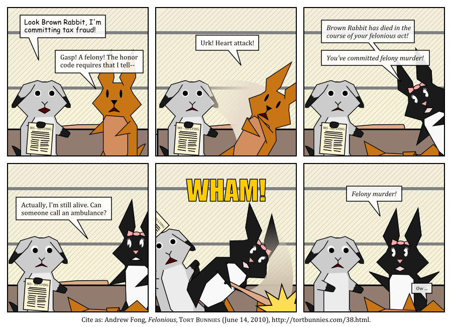 Negligent Lop broke into the building in order to commit tax fraud, so he's guilty of burglary too. Tort Bunnies comic strip